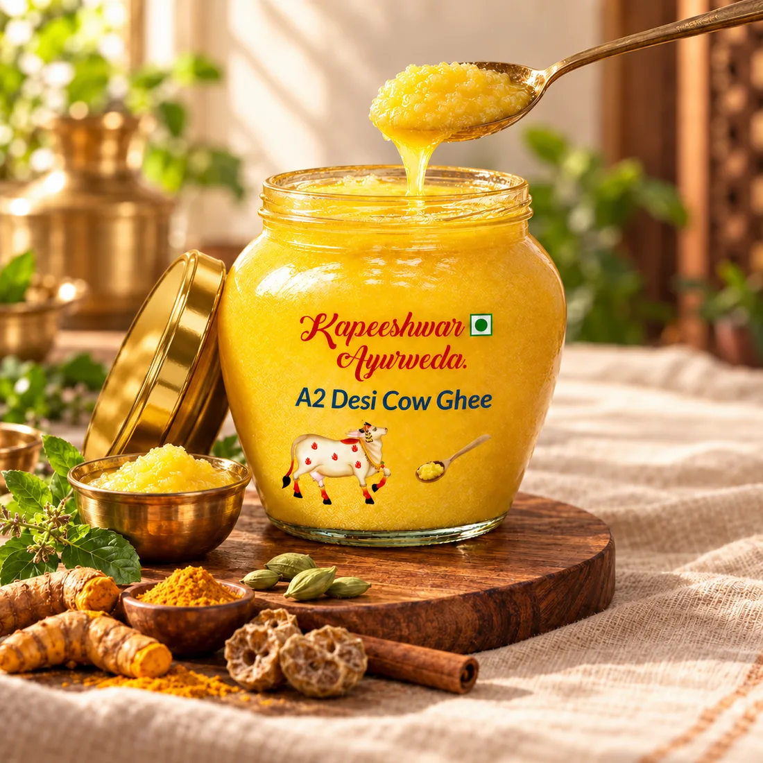 Kapeeshwar A2 Desi Cow Ghee jar with a spoon of golden ghee, turmeric, tulsi and spices