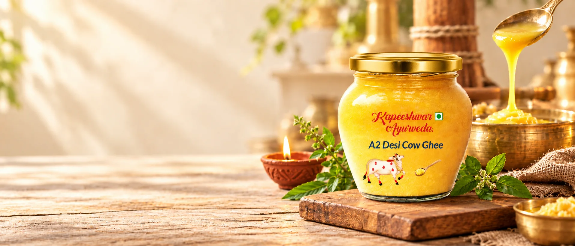 Kapeeshwar A2 Desi Cow Ghee jar with golden ghee pouring from a brass spoon