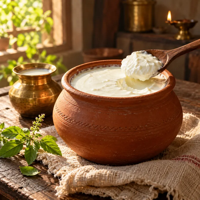 Thick curd set overnight in a clay pot