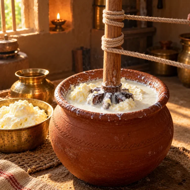 Curd being hand-churned with a wooden bilona madhani in a clay pot