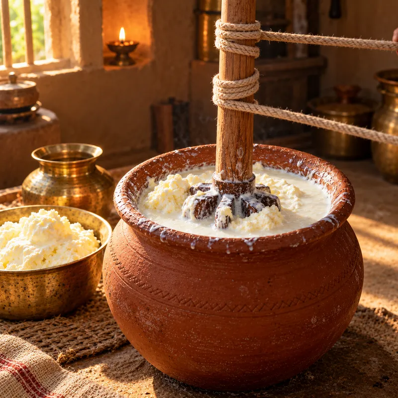 Curd being hand-churned with a wooden bilona madhani in a clay pot