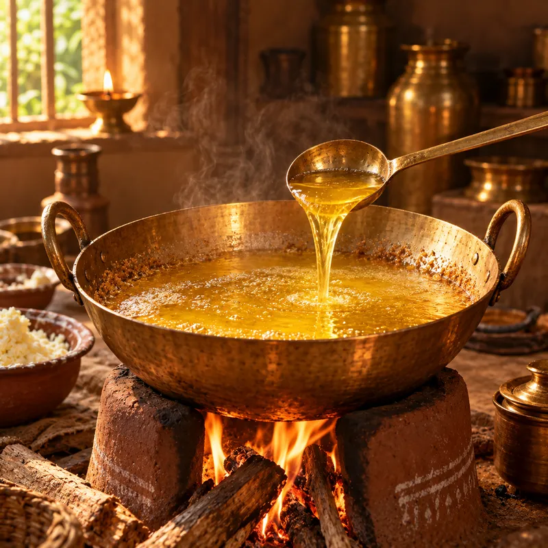 Golden ghee slow-cooking in a brass kadhai over a wood fire